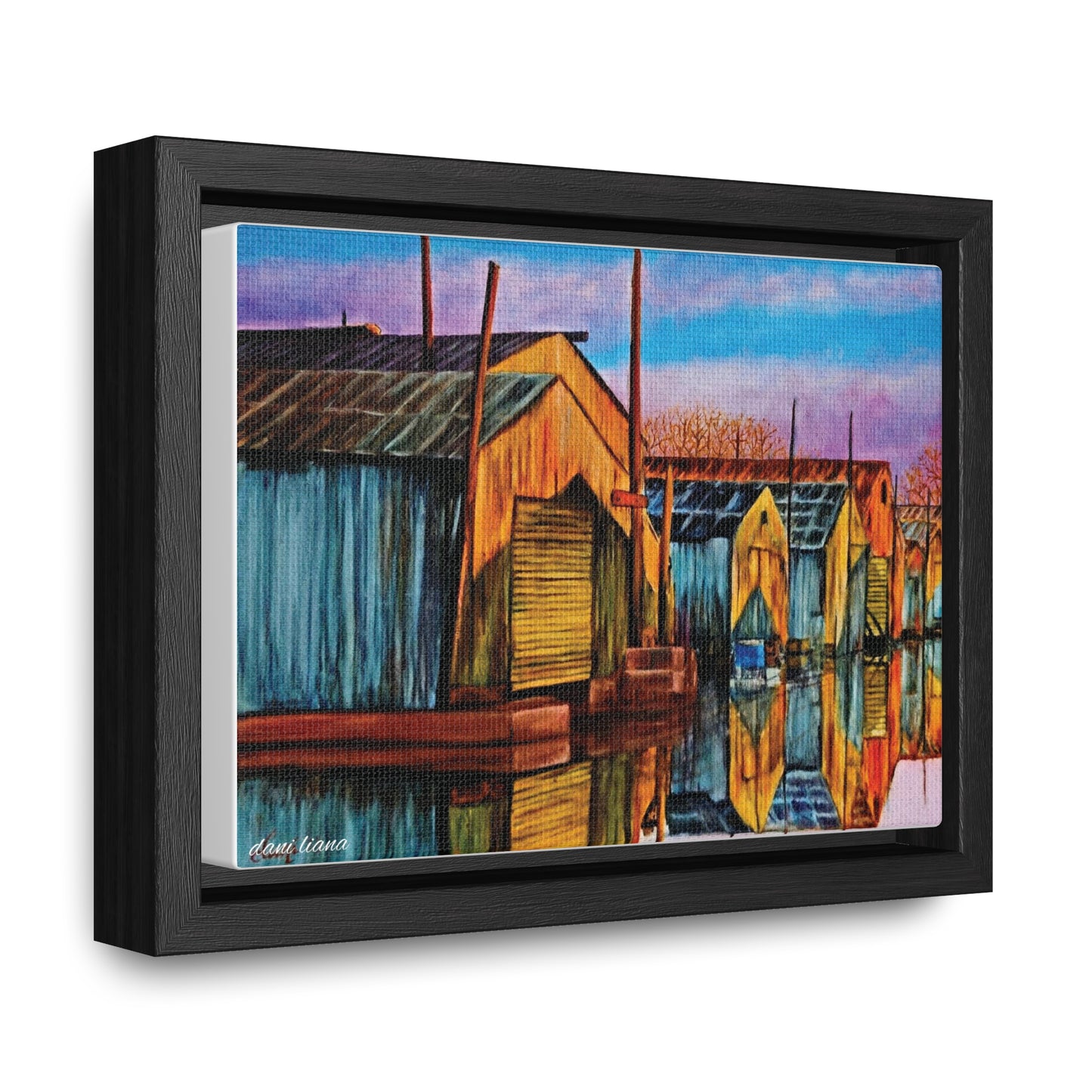 Boat House Marina Oil Painting Print, Gallery Wrapped Canvas, framed