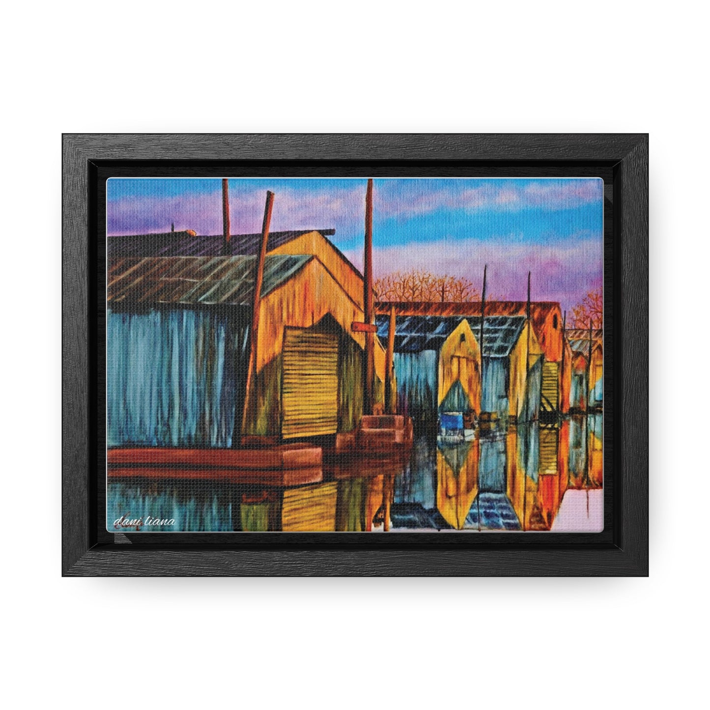 Boat House Marina Oil Painting Print, Gallery Wrapped Canvas, framed