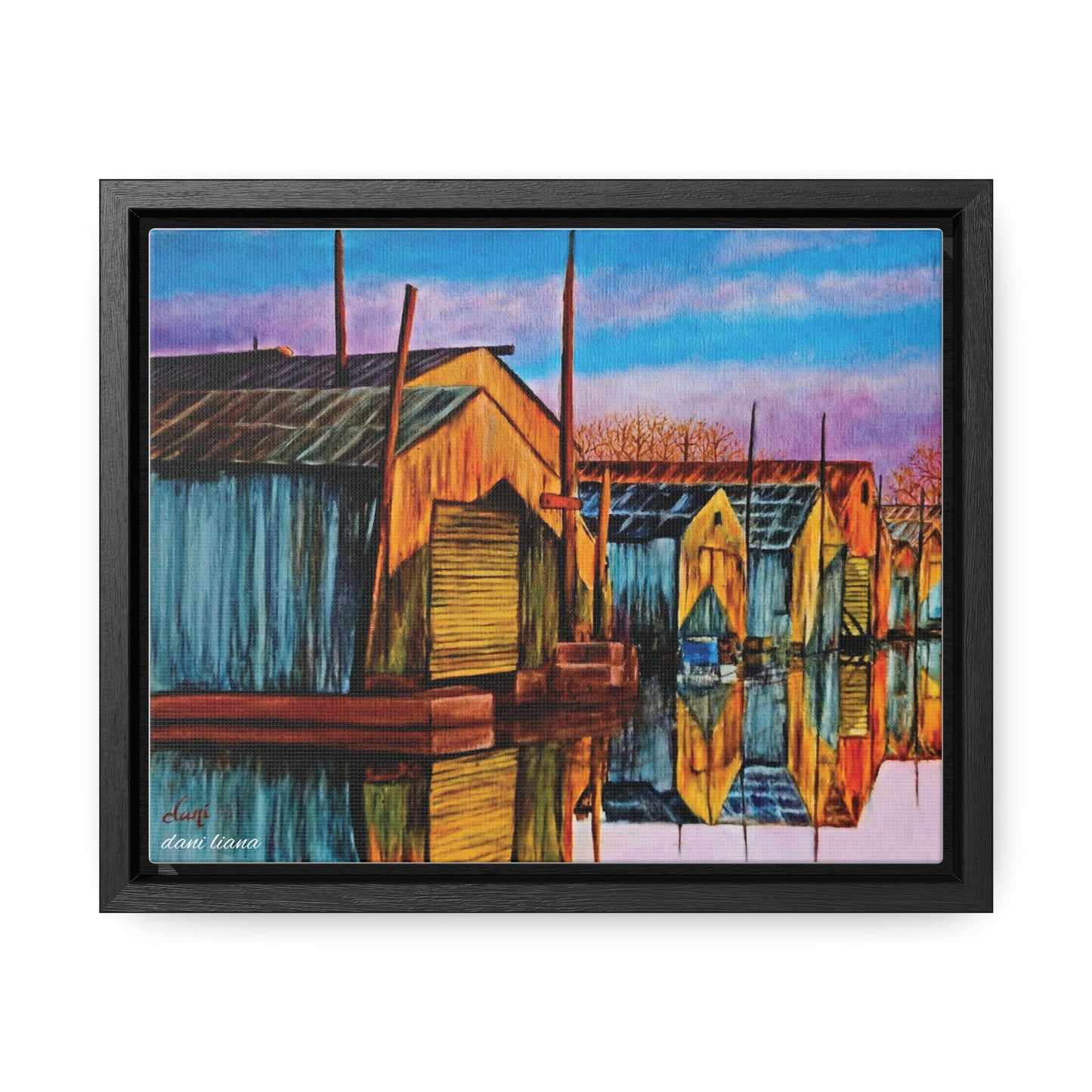 Boat House Marina Oil Painting Print, Gallery Wrapped Canvas, framed