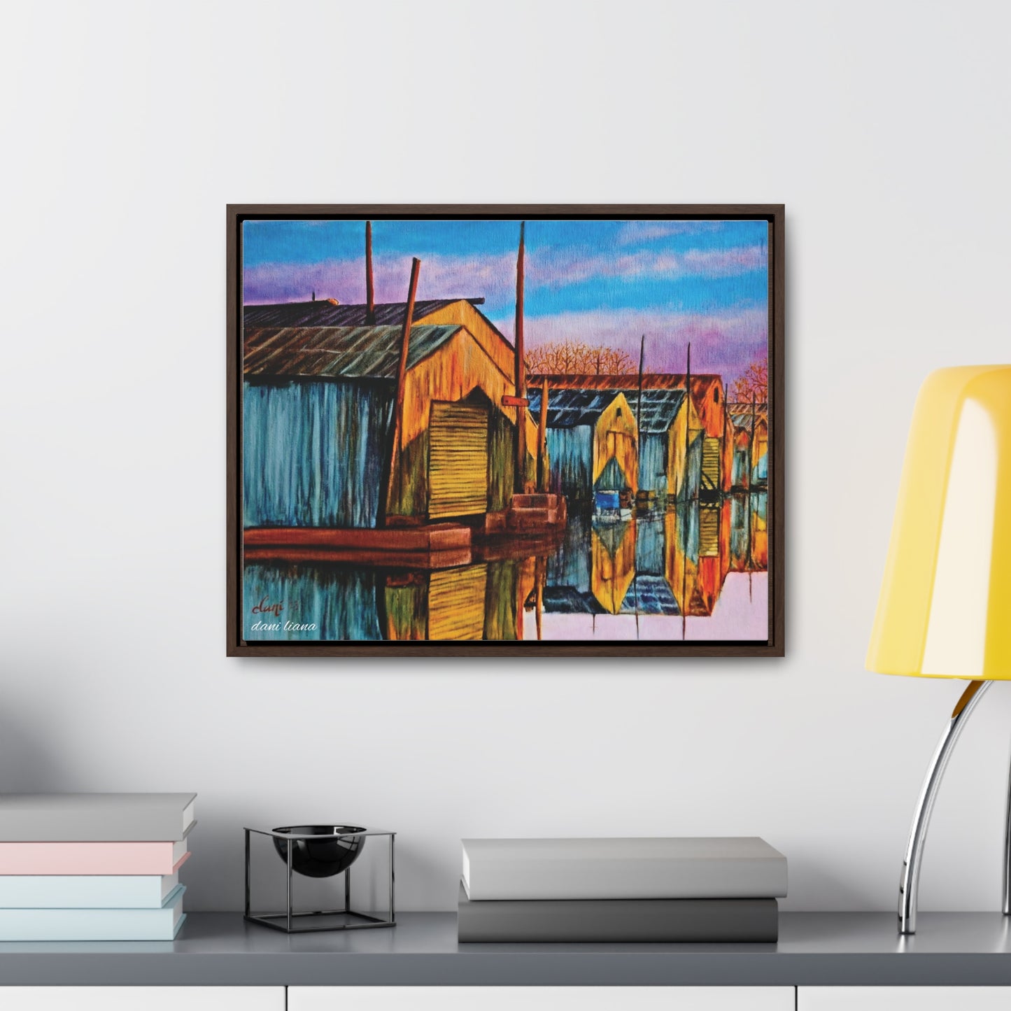 Boat House Marina Oil Painting Print, Gallery Wrapped Canvas, framed