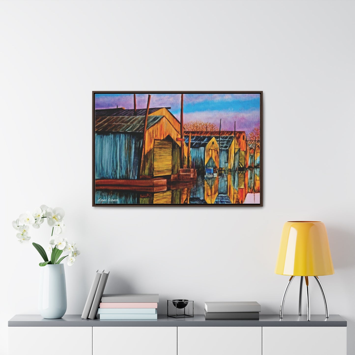 Boat House Marina Oil Painting Print, Gallery Wrapped Canvas, framed