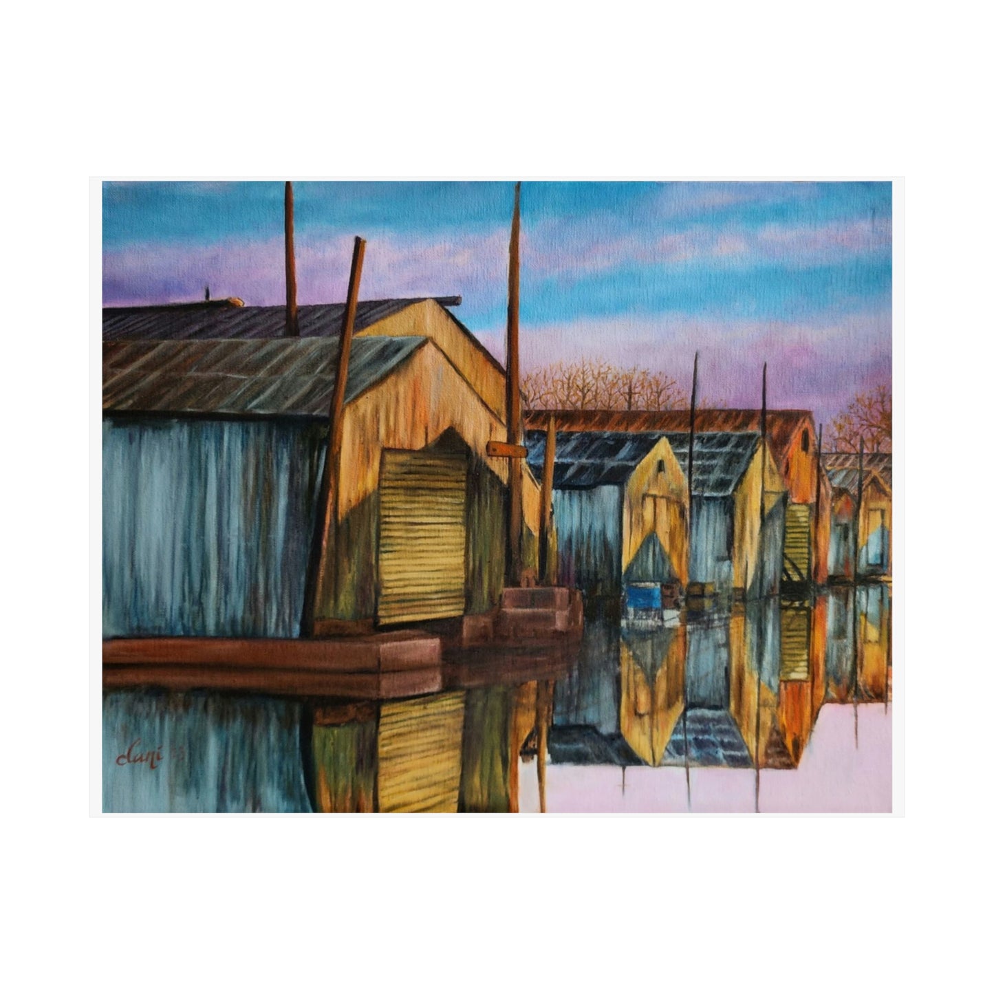 Red Wing Boat House Marina Painting Print, unframed