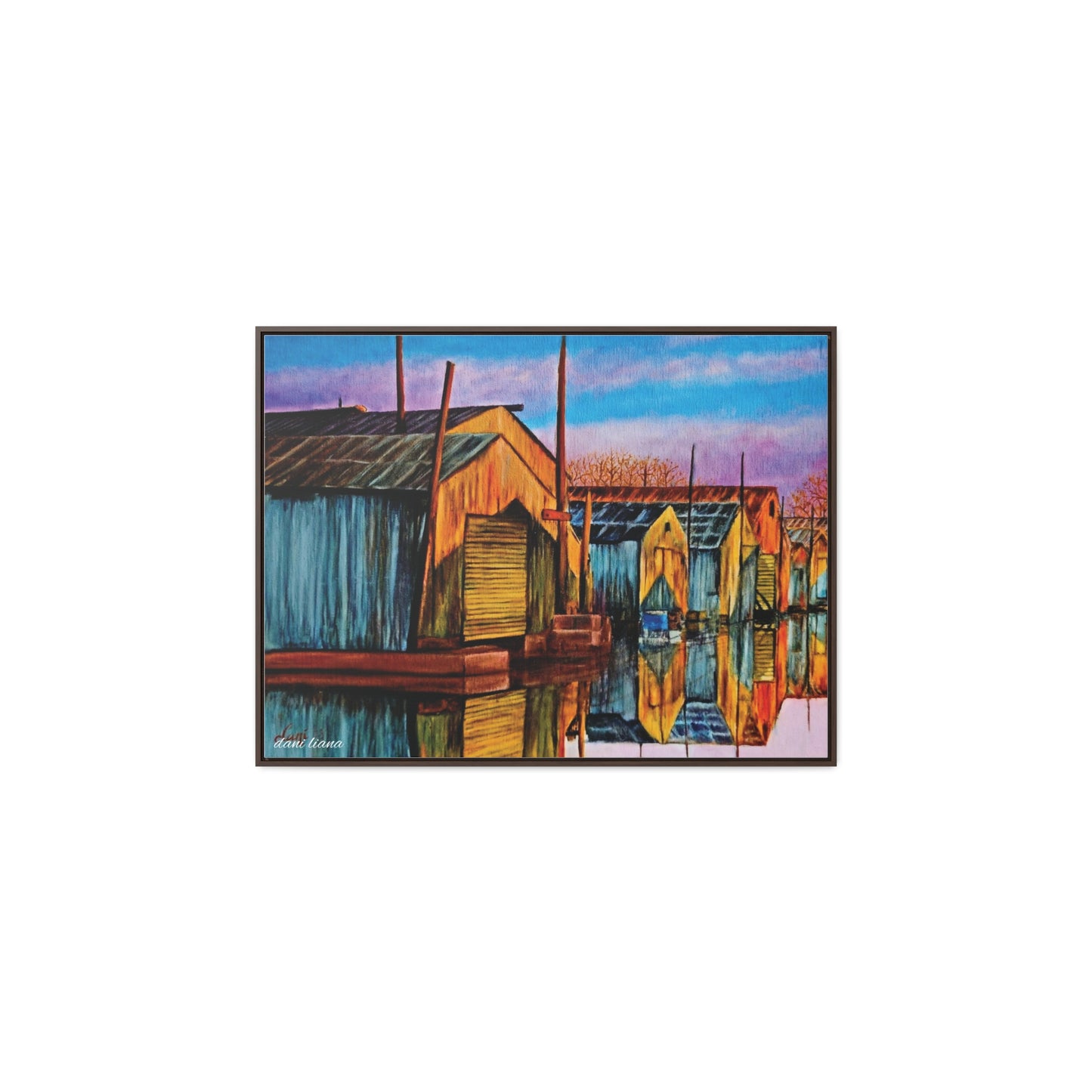 Boat House Marina Oil Painting Print, Gallery Wrapped Canvas, framed