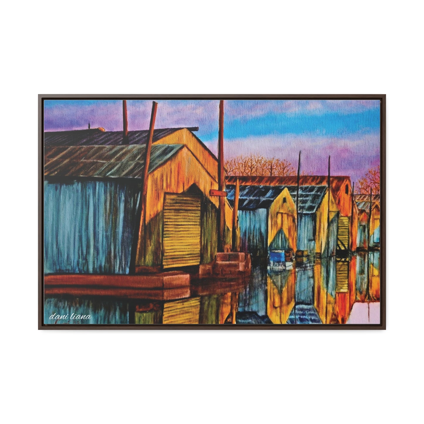 Boat House Marina Oil Painting Print, Gallery Wrapped Canvas, framed