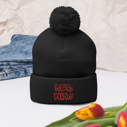 Red Wing Red Embroidery Pom-Pom Beanie